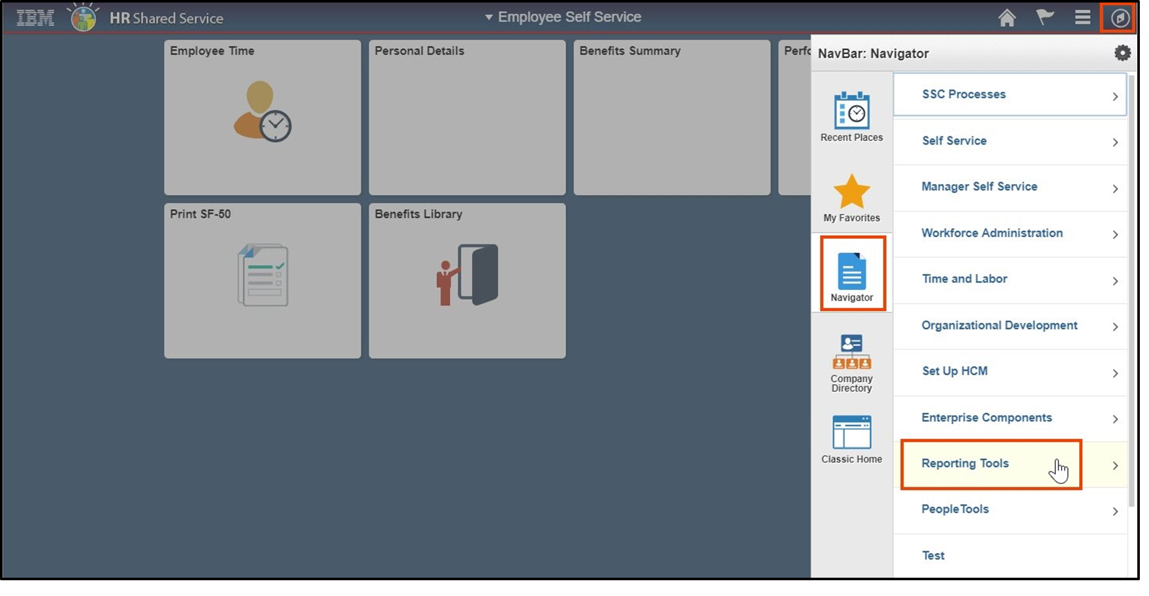 Timesheet entry with navigation bar expanded and reporting tools highlighted