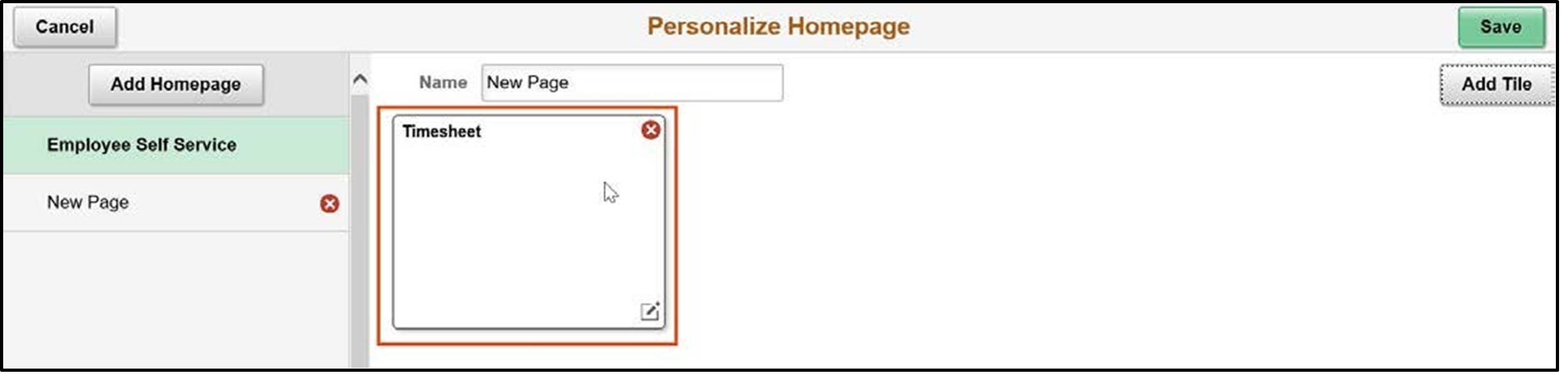 Timesheet entry with new tile for timesheet highlighted