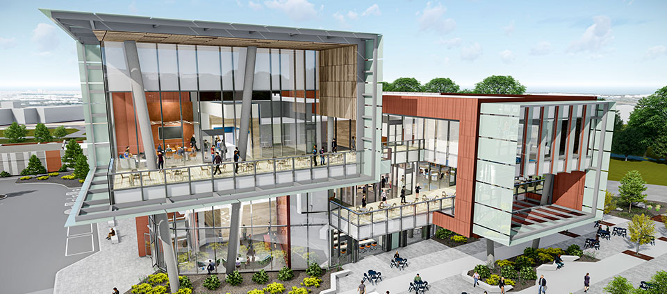 Digital rendering of a modern multilevel glass and steel building and surrounding campus