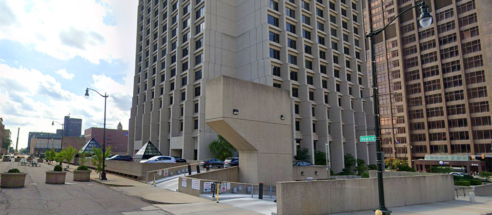 Brutalist gray concrete multi-level building