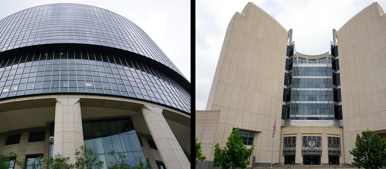 Two views of a complex, one is a multi-story dark glass curved building, and another is a convex tan stone multi-story building