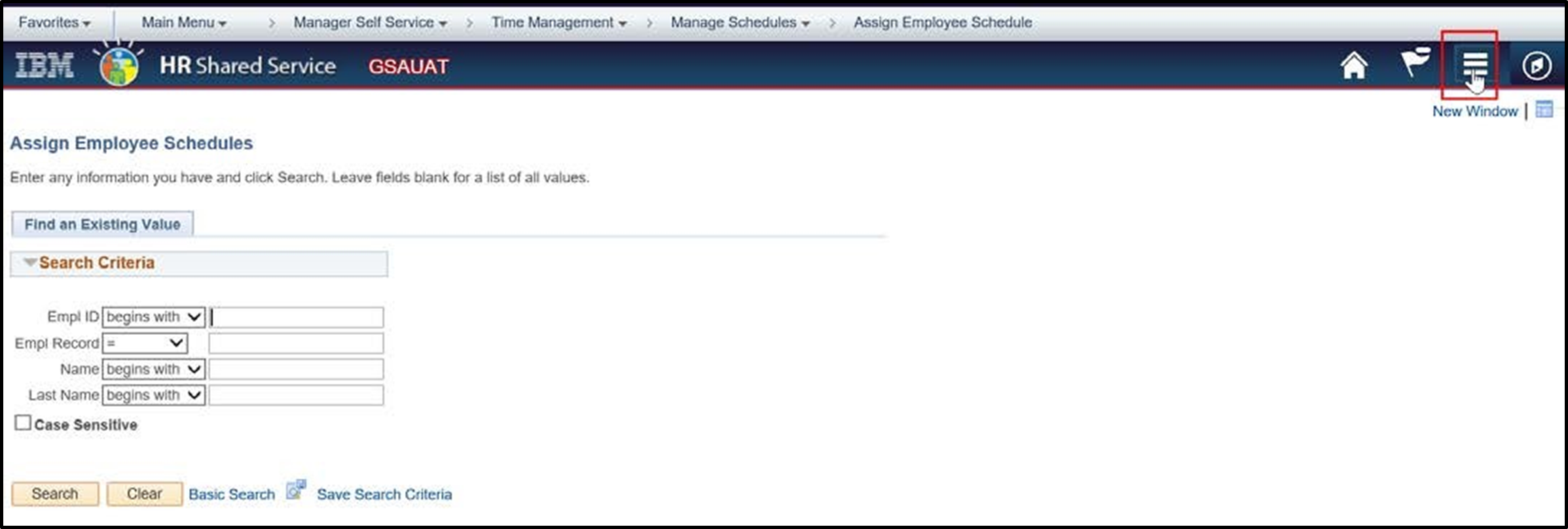 Timesheet entry of page with action list icon highlighted