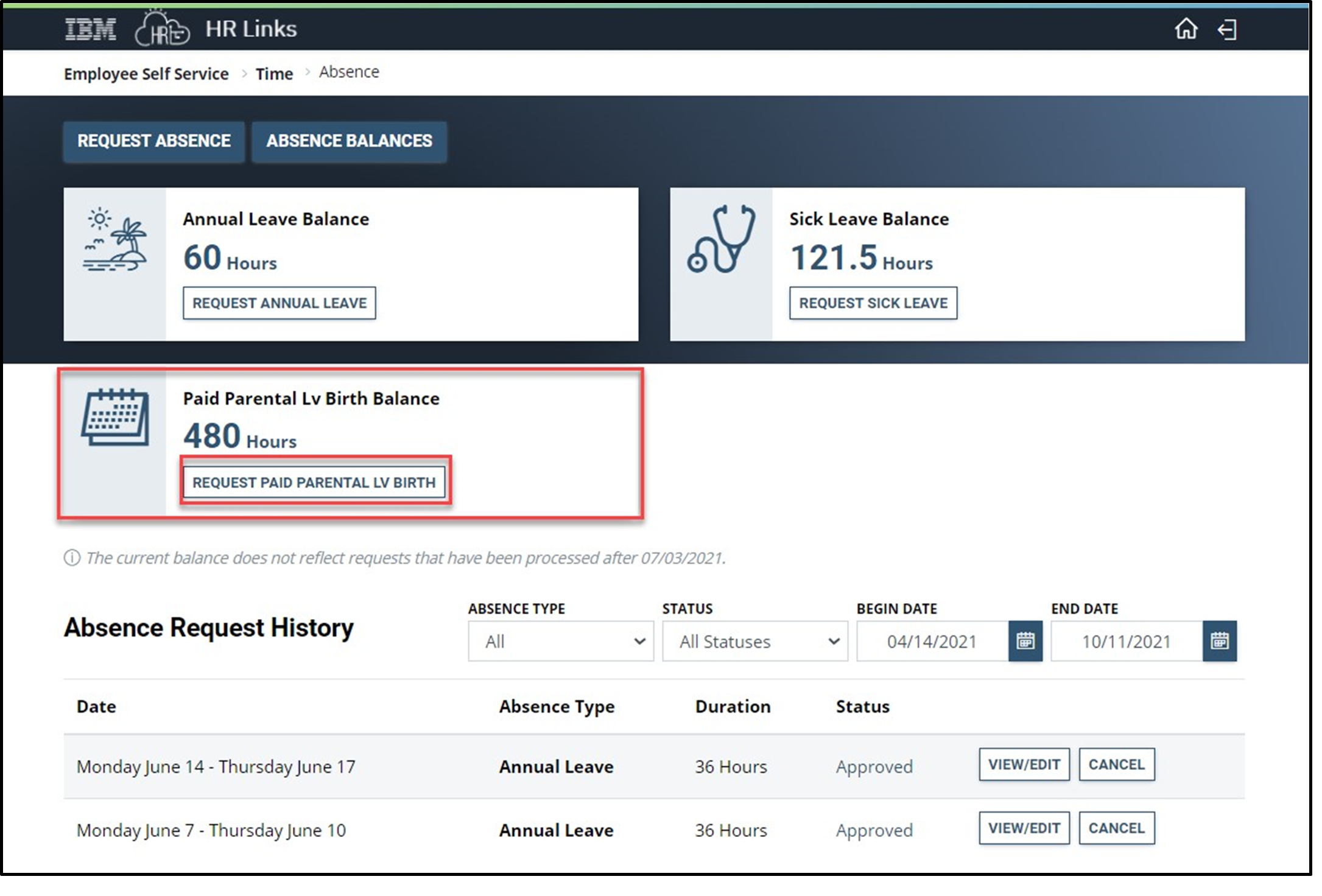 Timesheet entry with paid parental leave birth balance box and request paid parental leave birth button highlighted