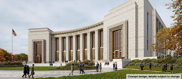 Rendering of a curved governmental building with people in front and trees around it