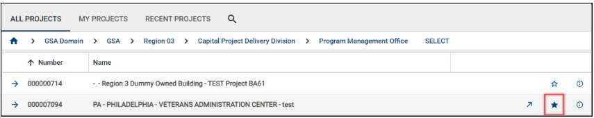 Project Finder with favorite star icon highlighted