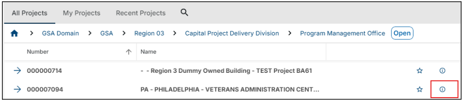 Project Finder with information icon highlighted