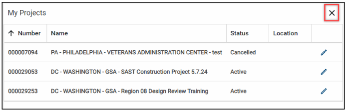 Project Finder my projects with close icon highlighted