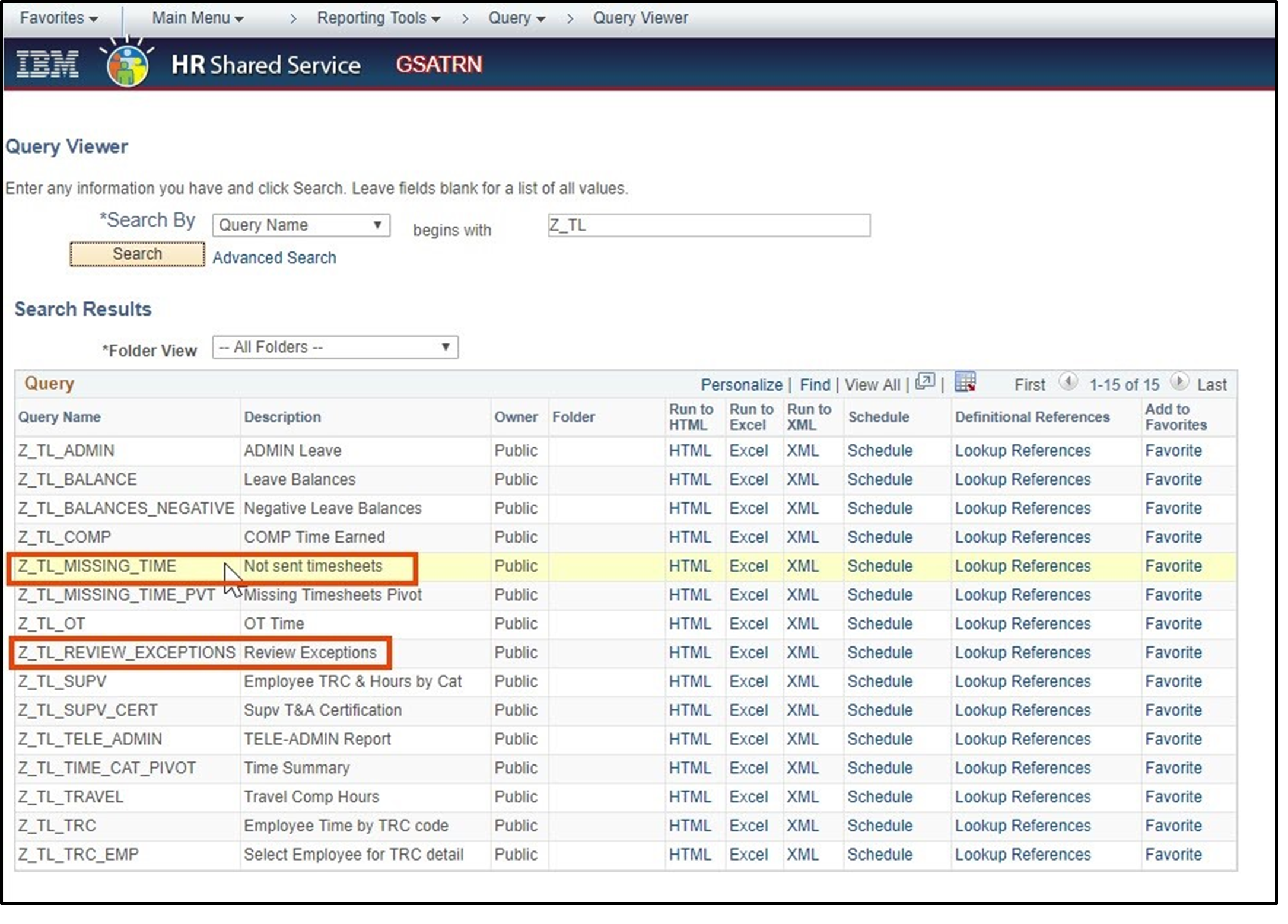Timesheet entry of query viewer search results with with query name field highlighted for Z_TL_MISSING_TIME and Z_TL_REVIEW_EXCEPTIONS
