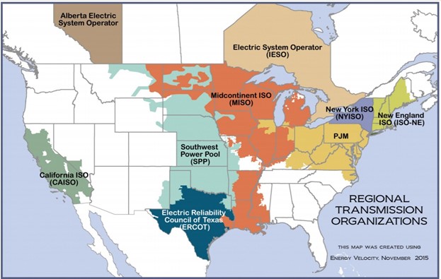 A map showing locations of regional transmission organizations in New England, NY, Mid-Atlantic, Midwest, Plains, TX, CA, and Canada.