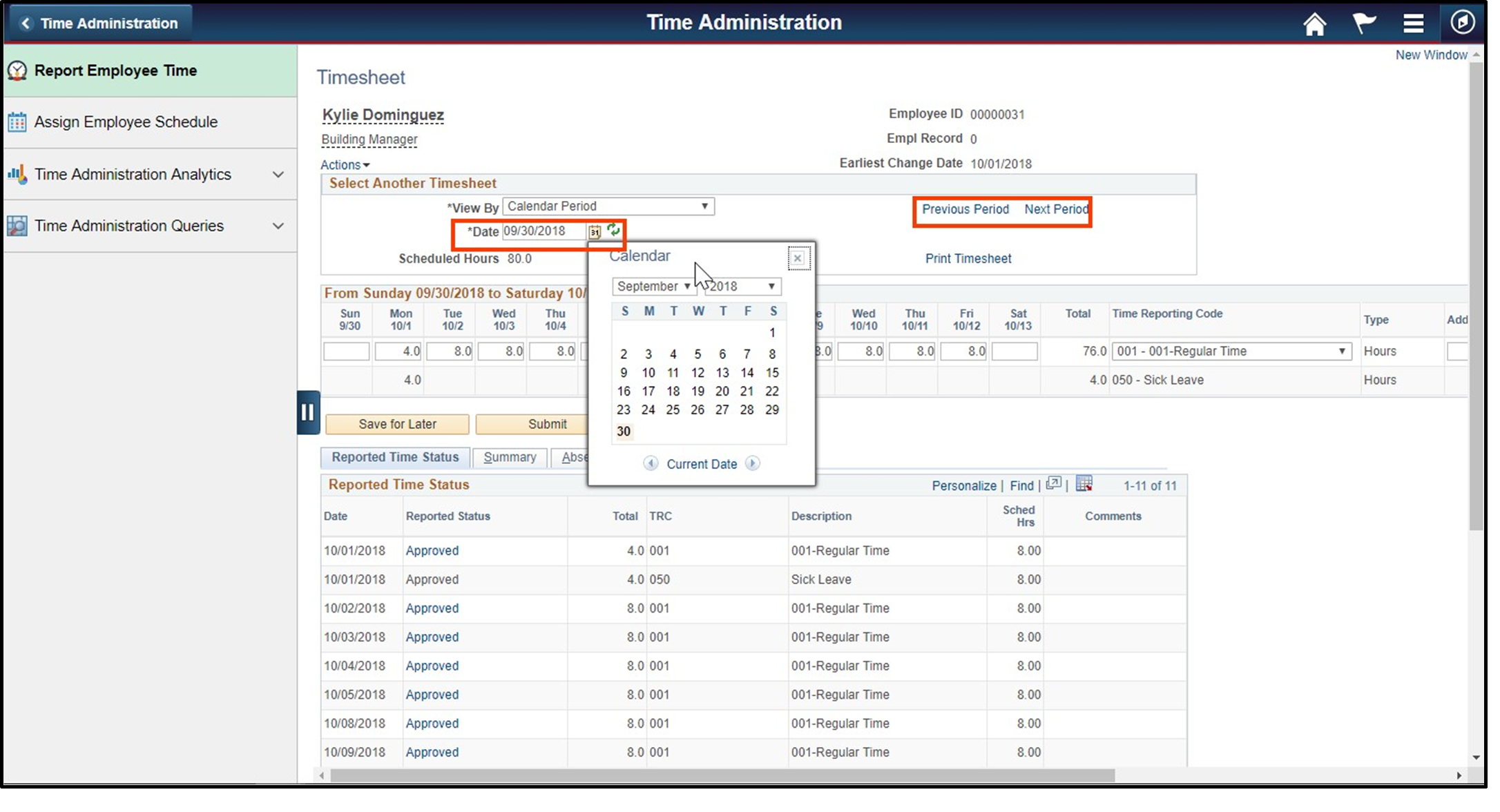 Timesheet entry with date and previous period highlighted