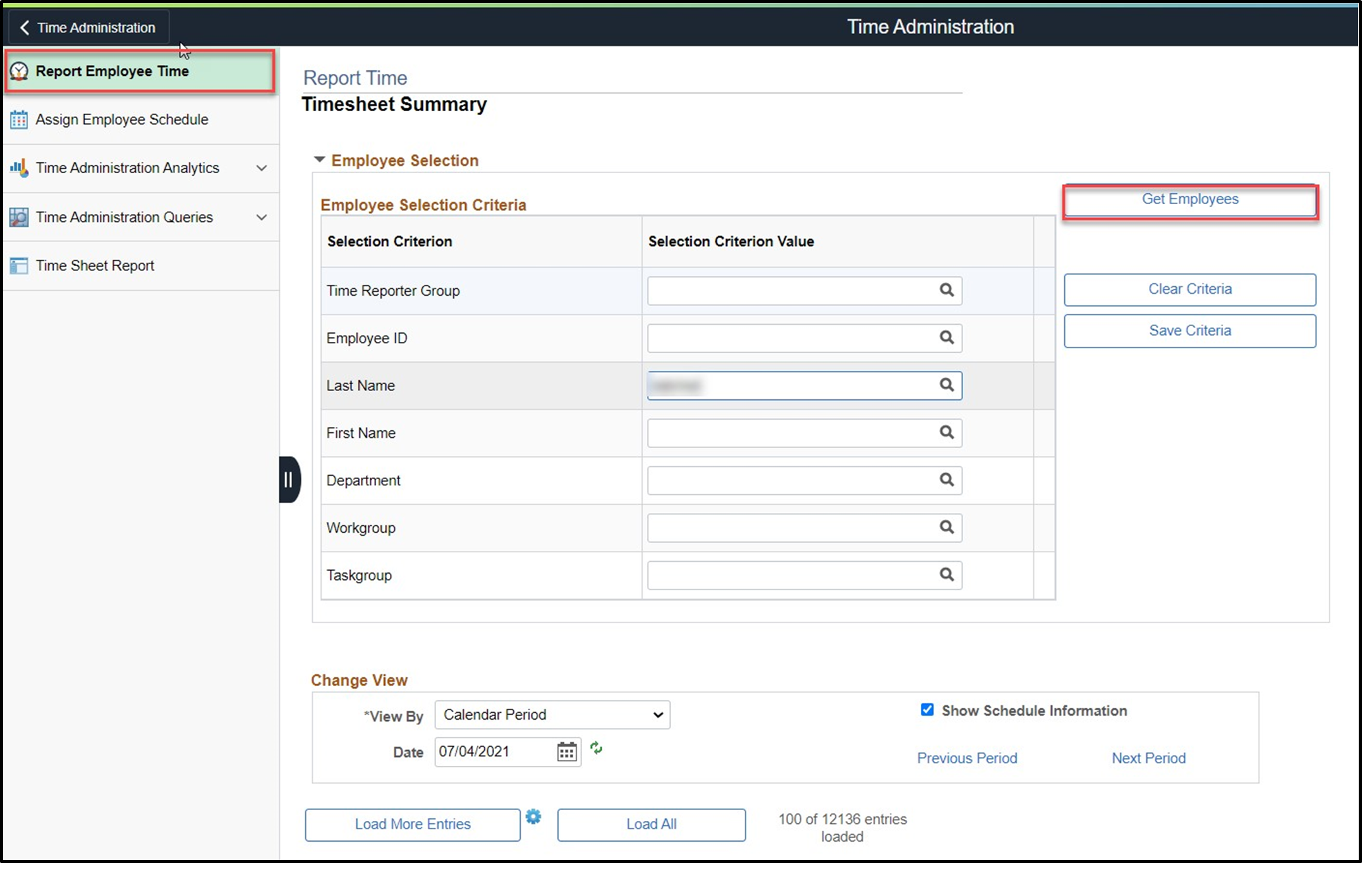 Timesheet entry with report employee time and get employees button highlighted