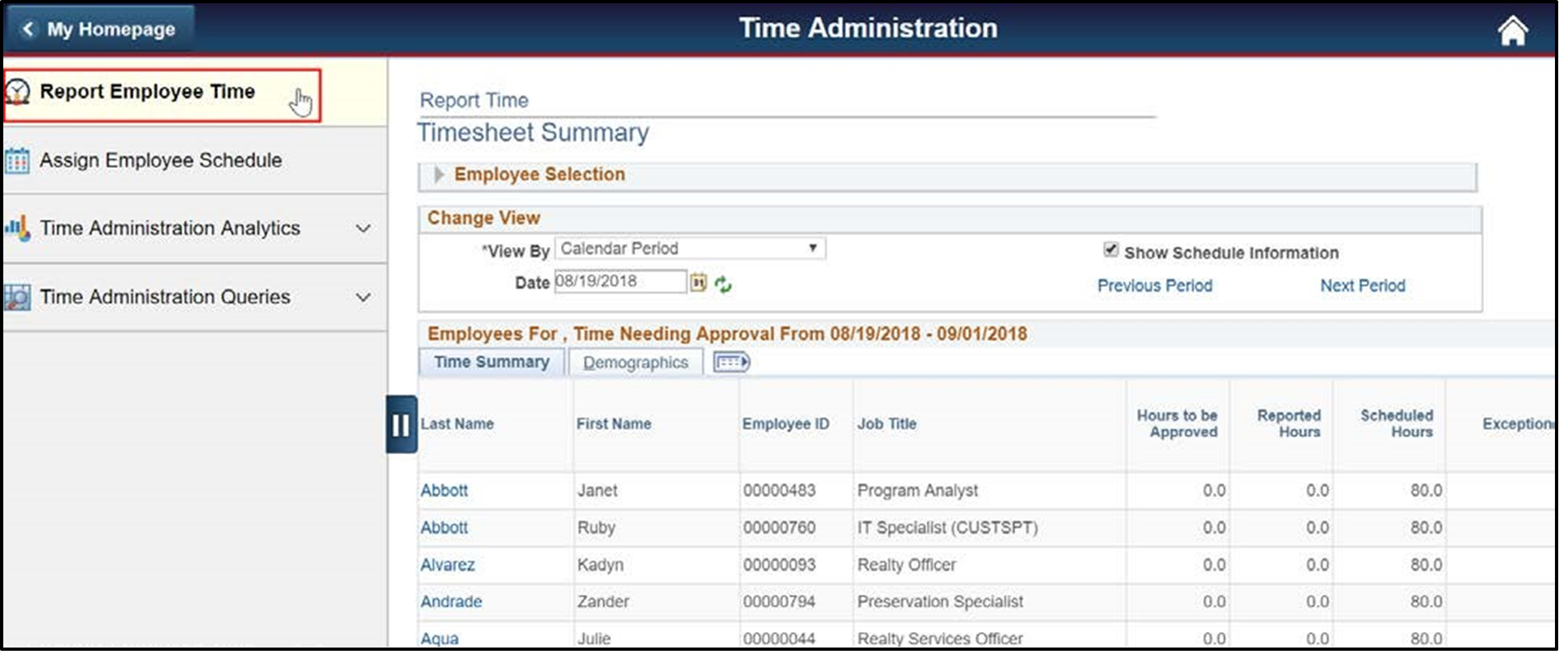 Timesheet entry with report employee time highlighted