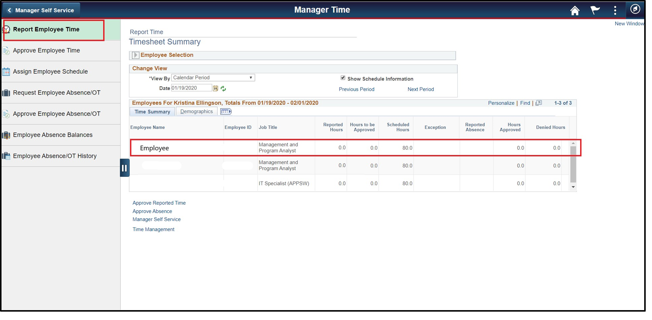 Timesheet entry with report employee time, employee, and hours highlighted