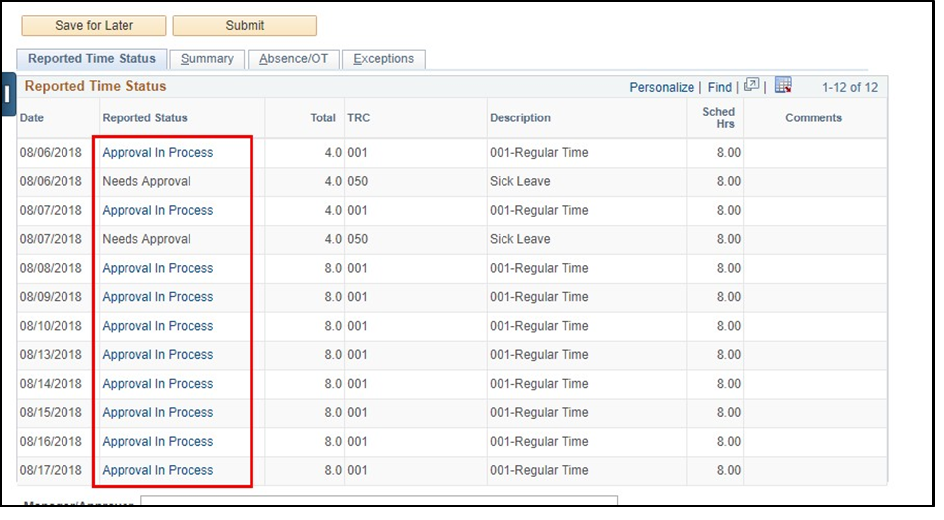 Timesheet entry with reported status column highlighted