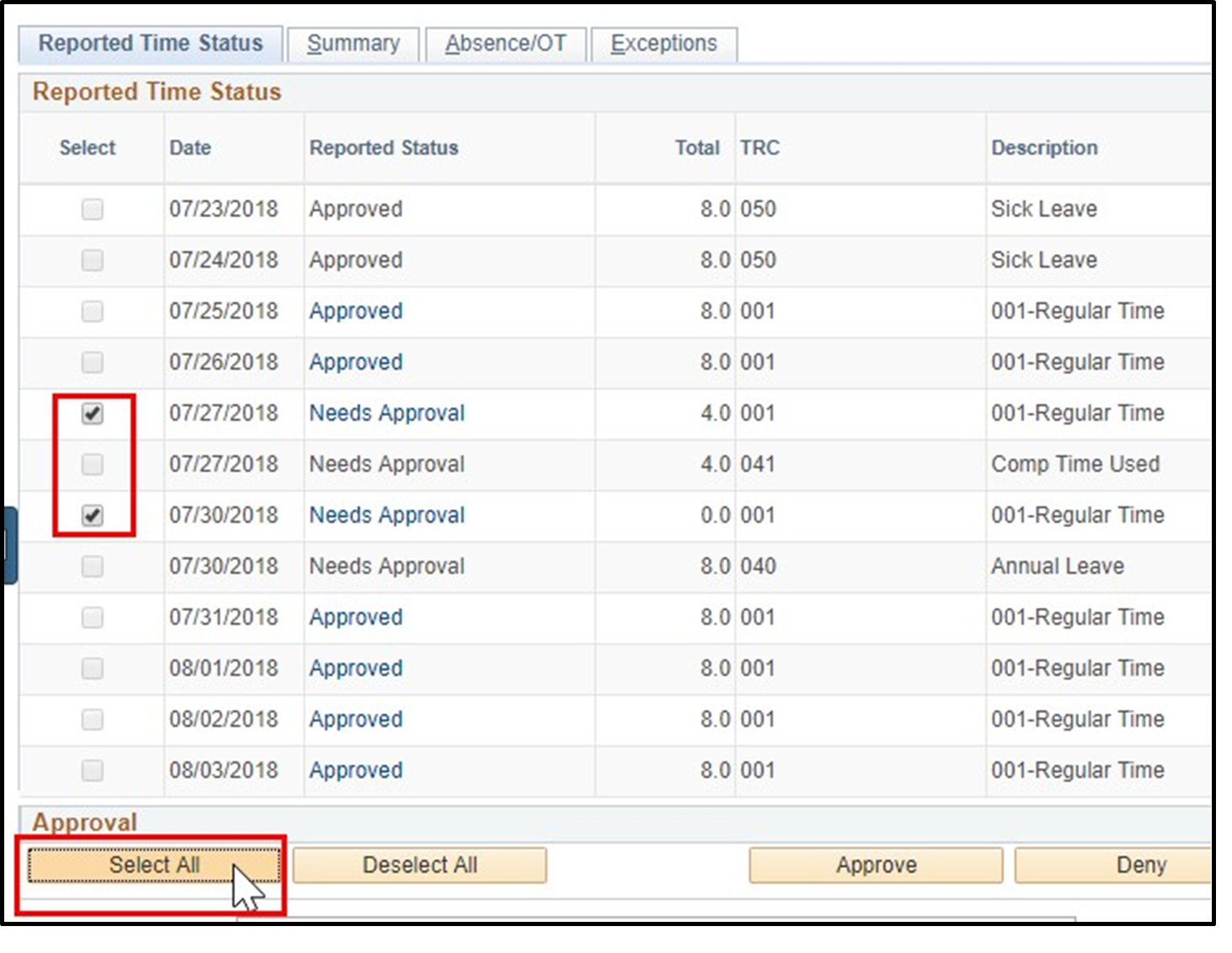 Timesheet entry for reported time status with select boxes and select all button highilghted