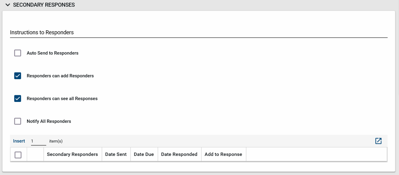 RFI instructions to responders with check boxes for auto send, add responders, see responses, and notify all responders.