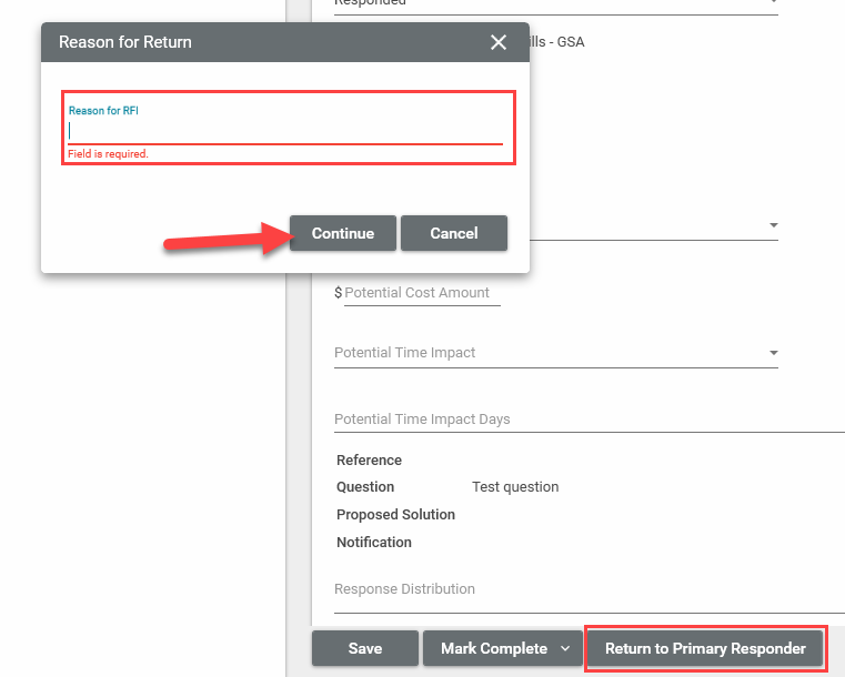 RFI reason for return with continue box highlighted.