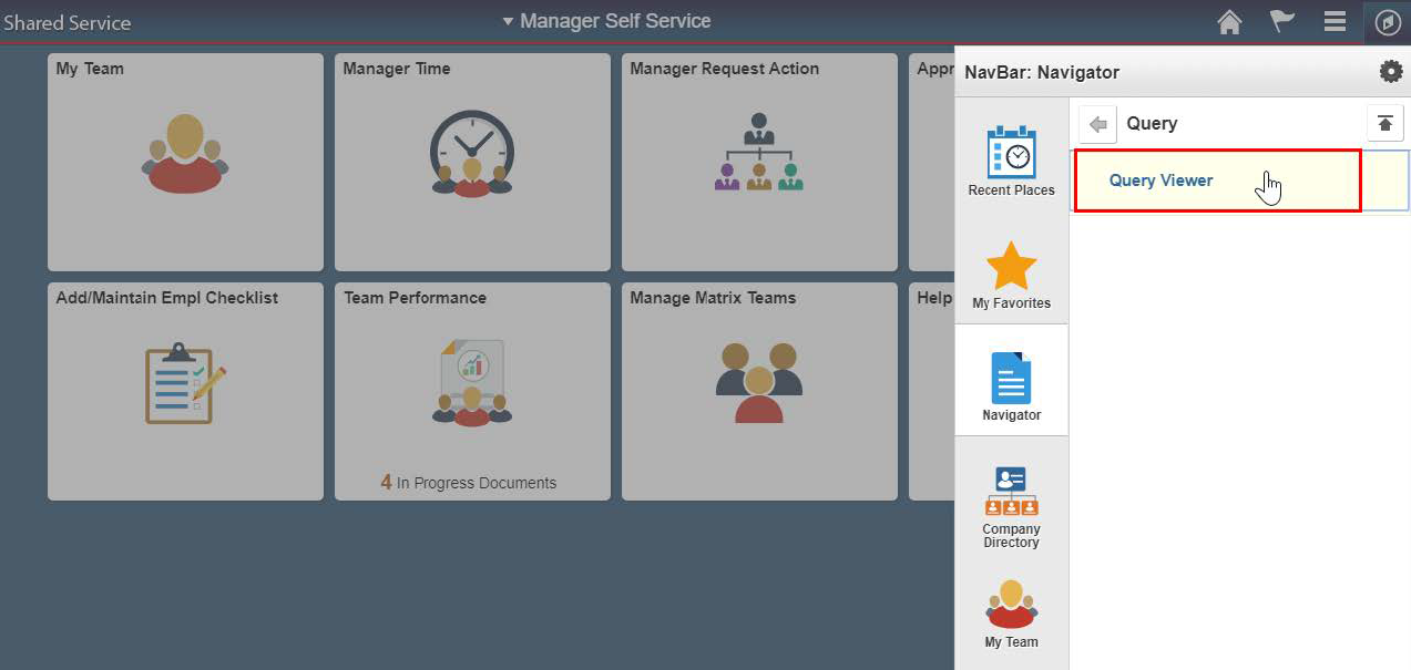 Screenshot of the Manager Self Service home page with query viewer from the NavBar highlighted