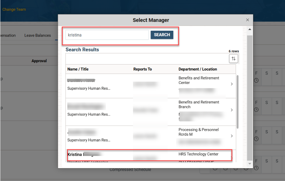 Select manager screen with search result highlighted