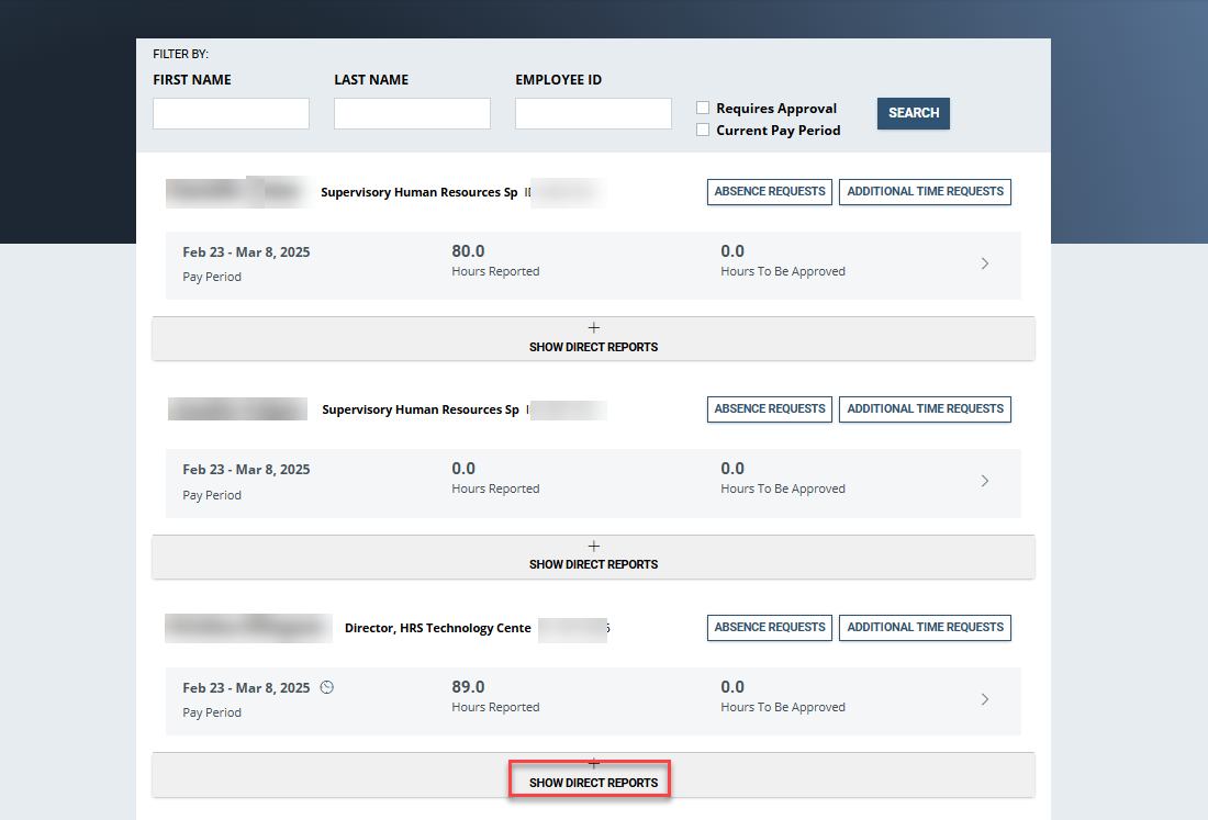Show direct reports button highlighted