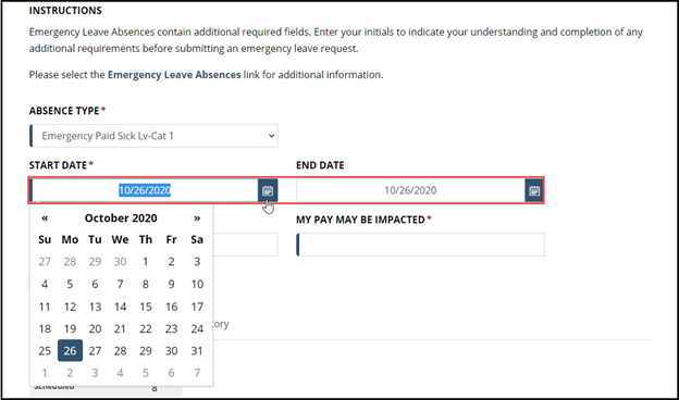 Timesheet entry with start and end dates of sick leave highilghted
