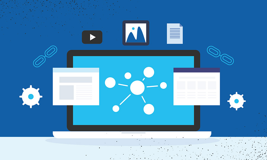 Illustration of a laptop with icons and images popping off the screen