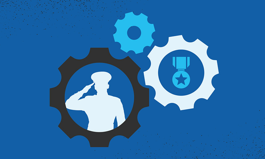 Illustration of three gears with a silhouette of a military person saluting in one