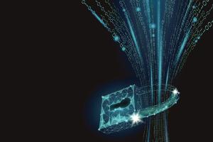 abstract cybersecurity lock with data coming out of it