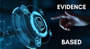 Abstract shot of finger pointing to a futuristic screen, with overlaid text evidence based