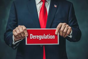 Man in suit holding 'deregulation' sign