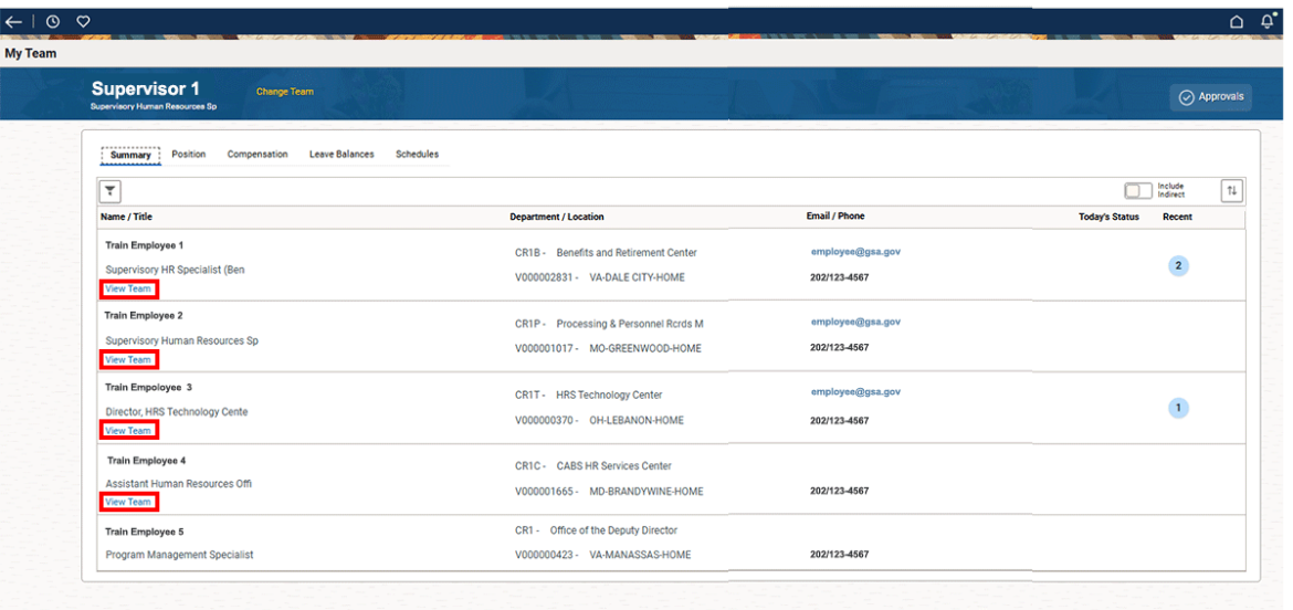 Screenshot showing the My Team page with the View Team links highlighted in red.