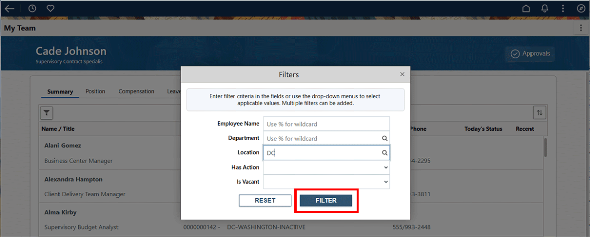 Screenshot showing Filters popup with the Filter button highlighted in red.