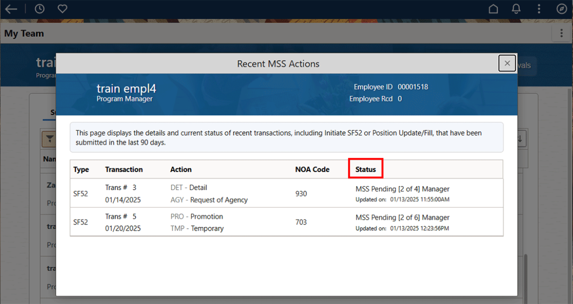 Screenshot of Recent MSS Actions popup with the Status column highlighted in red.