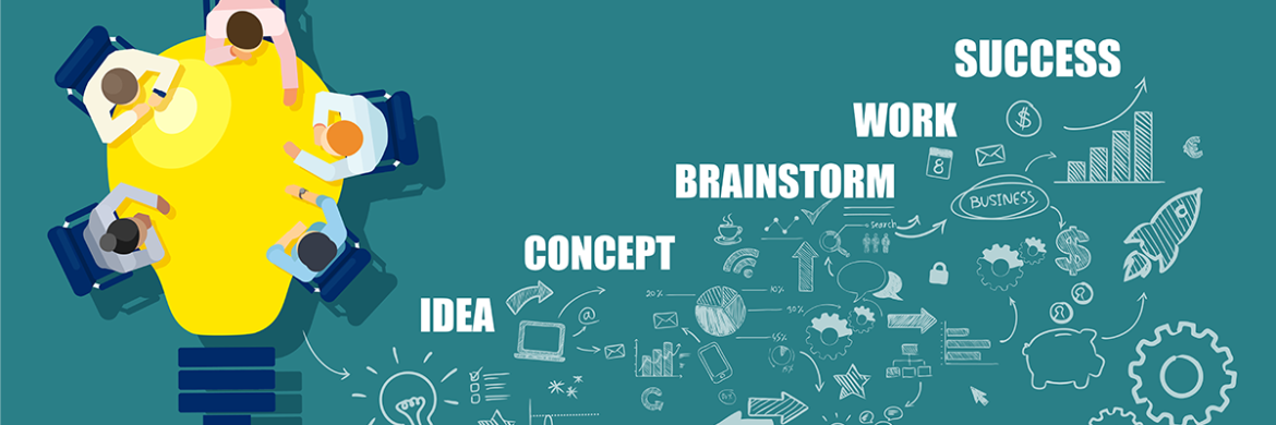 An infographic with an overhead view of people working, and an abstract storm of words and diagrams with the top word SUCCESS