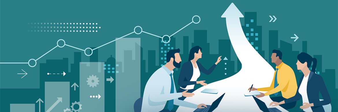An illustration of a group of people working together and an arrow pointing up