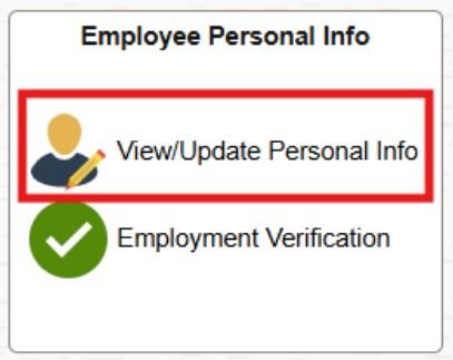 Screenshot showing Employee Self Serve page with View/Update Personal Info tile highlighted in red.