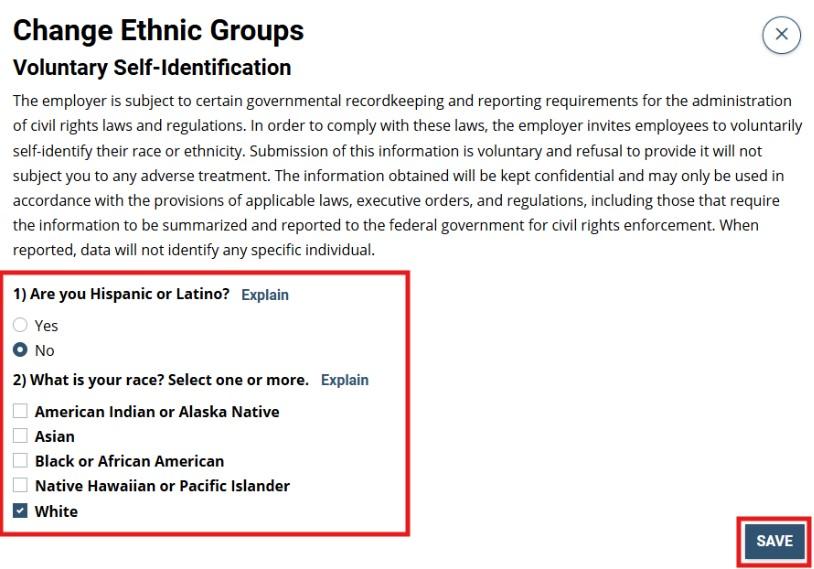  Screenshot showing popup of Change Ethnic groups with close button and Save highlighted in red