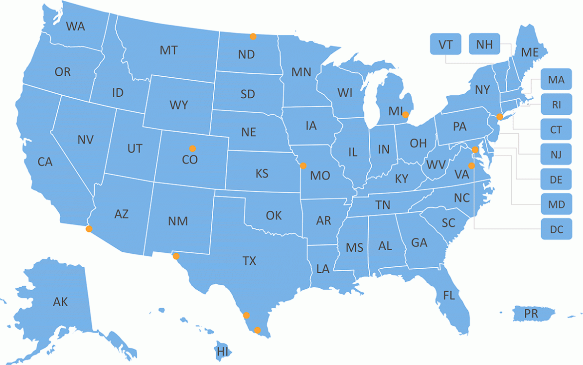 U.S. map in blue with 2-letter state abbreviations and 11 orange indicator dots on it