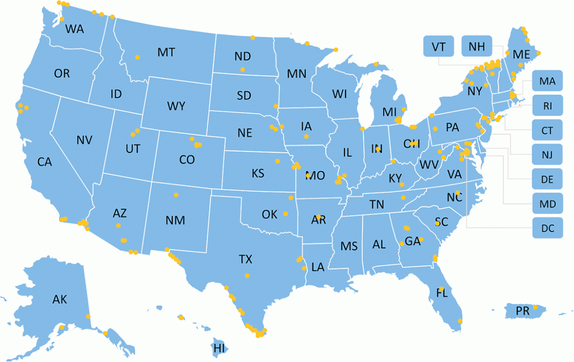 Blue map of the U.S. with orange pins showing LEC project locations
