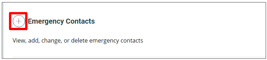 Emergency contacts section with the plus sign highlighted