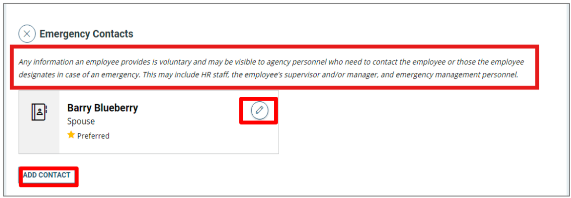 Emergency contacts section with guidance, pencil icon, and add contact highlighted
