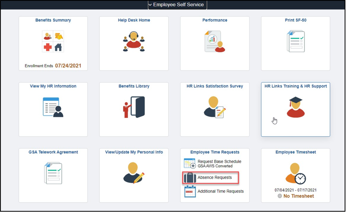 Timesheet entry with absence requests highlighted