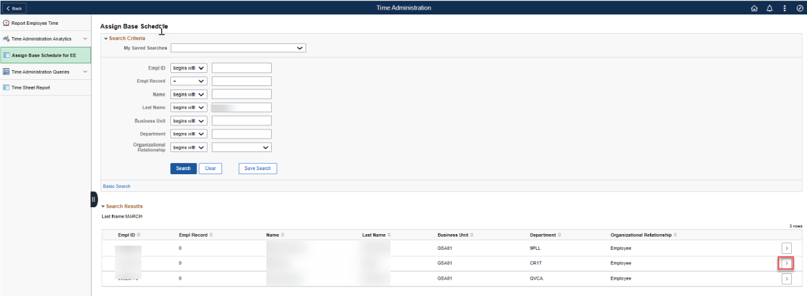 Timesheet entry for assign base schedule for EE with icon highlighted