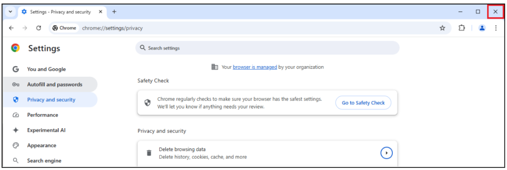 Chrome window with X highlighted to close the application