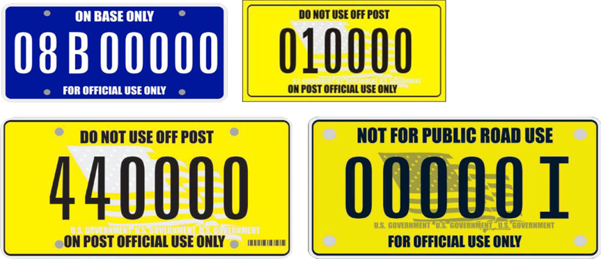 Four license plates, three yellow and one blue, as visual examples of off-road and equipment plates