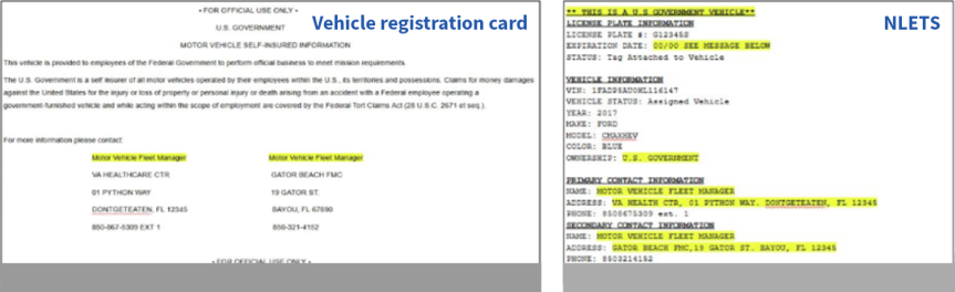 Example screenshots of vehicle registration and NLETS system cards