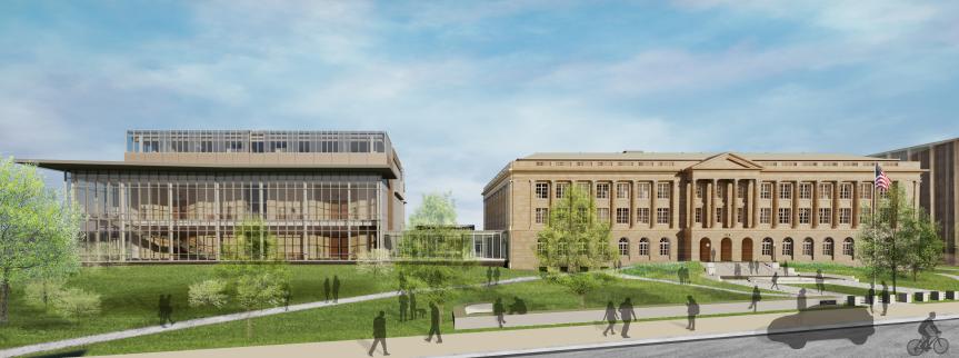 Rendering of design drawing for the planned Ashley U.S. Courthouse Annex on left and original courthouse right