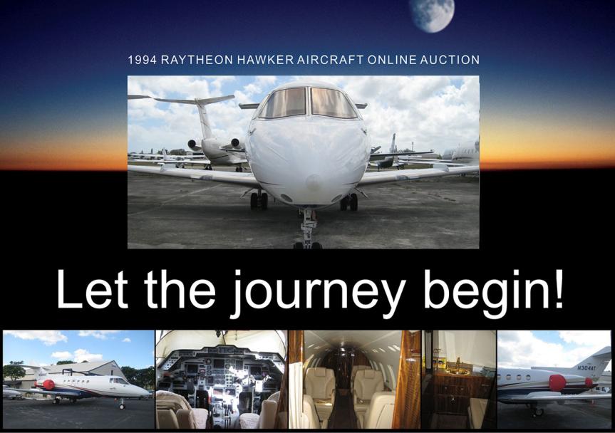 Flyer for 1994 Ratheon Hawker aircraft auction with text, Let the journey begin! and six photographs of the exterior and interior of the small white plane