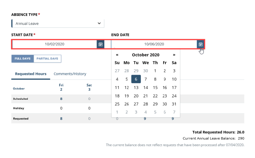 Screenshot of the Absence Type screen with Start and End Date highlighted