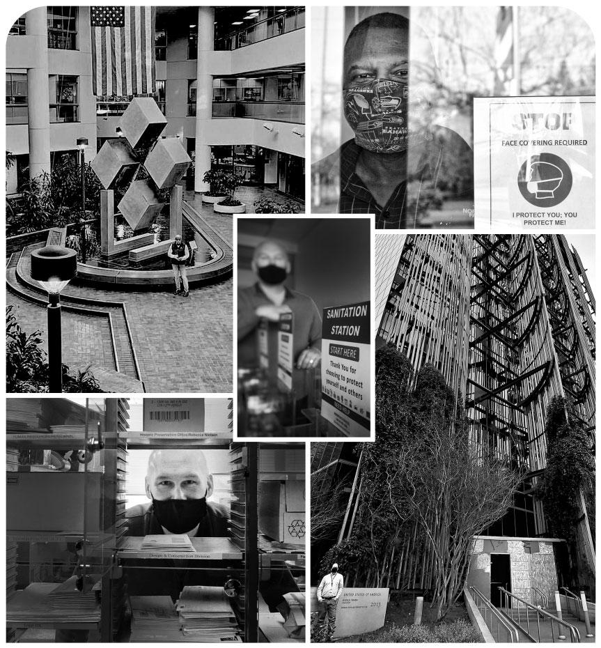 Black and white photo montage showing isolated people and empty buildings